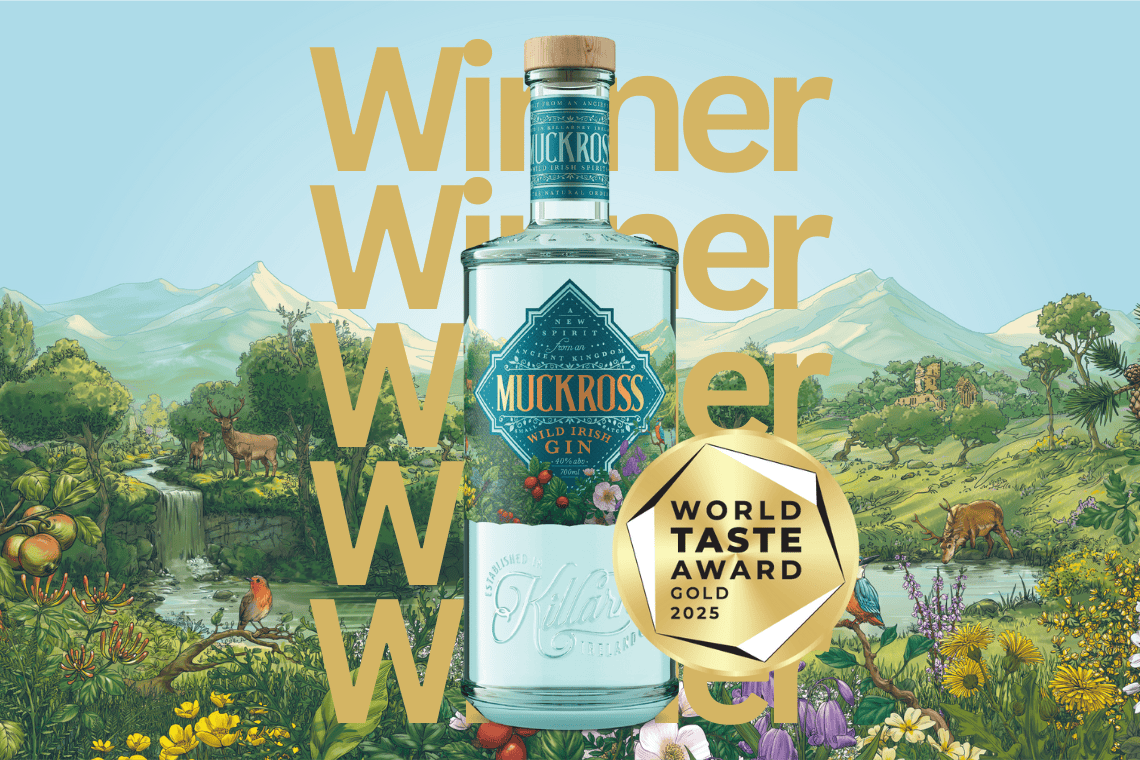 Muckross Irish Gin bottle with gold medal recognition at the World Taste Awards 2025, celebrating its award-winning Irish craft gin from Killarney.